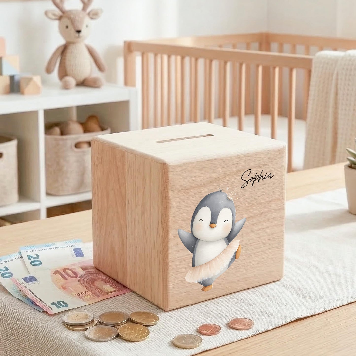 Spardose für Mädchen personalisierte Sparbox aus Holz mit Pinguin Geldgeschenk für Kinder