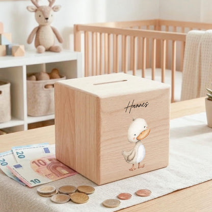 Ente Spardose für Kinder aus Holz personalisierte Sparbox Holzspardose mit Schlüssel als Geldgeschenk