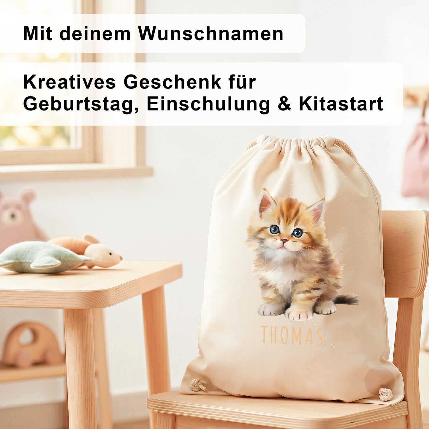 Katze Turnbeutel Kinder personalisierter Sportbeutel für den Kindergarten Stoffbeutel mit Kordelzug
