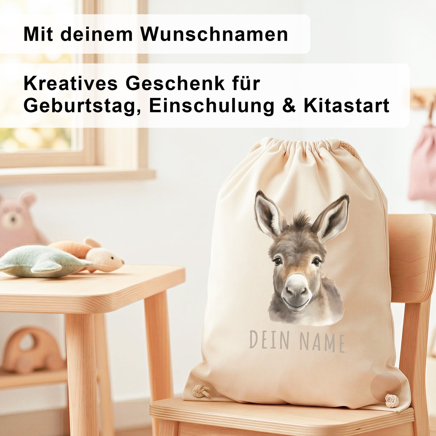 Esel Turnbeutel Kinder personalisierter Sportbeutel für den Kindergarten Stoffbeutel mit Kordelzug