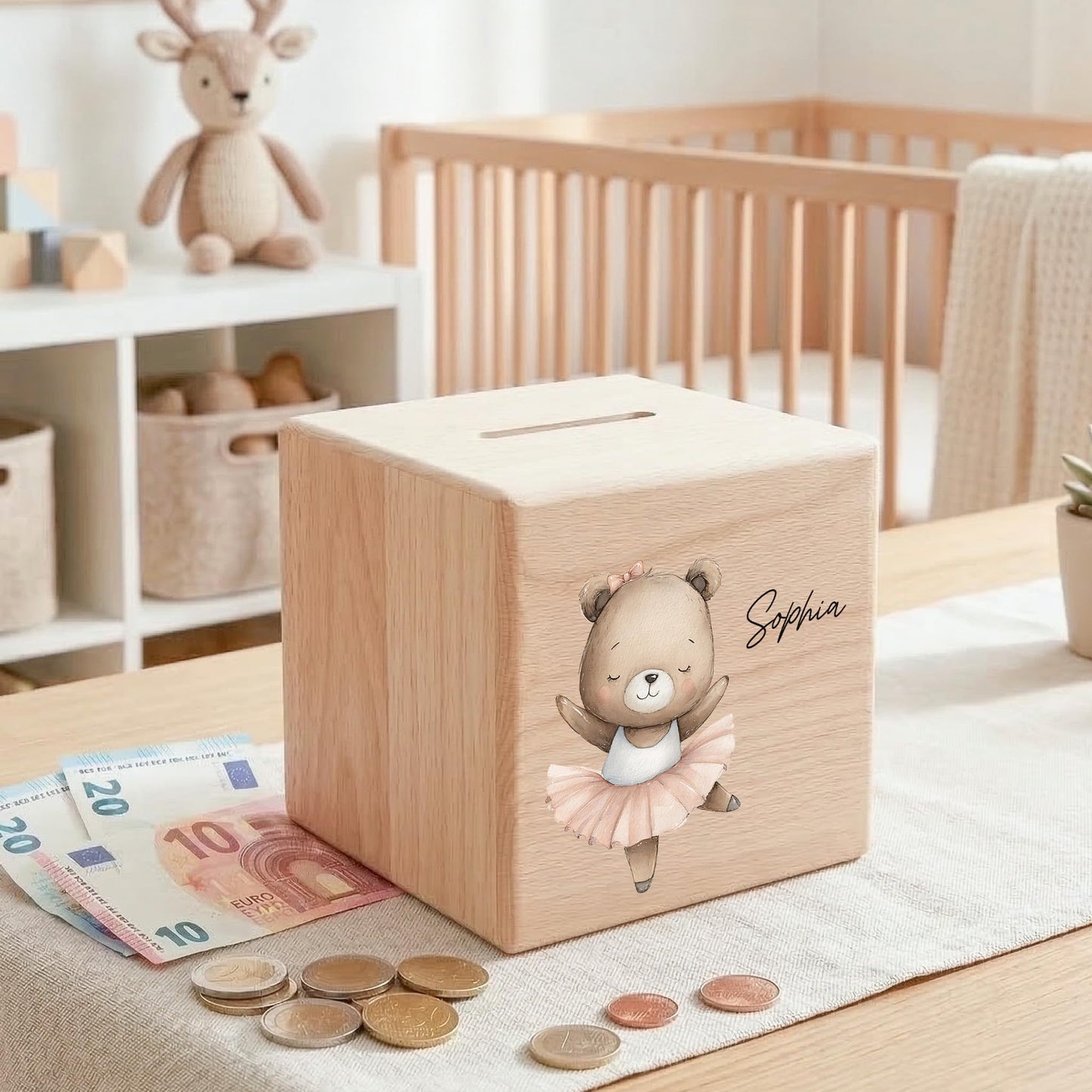 Spardose für Mädchen personalisierte Sparbox aus Holz mit Bär Geldgeschenk für Kinder