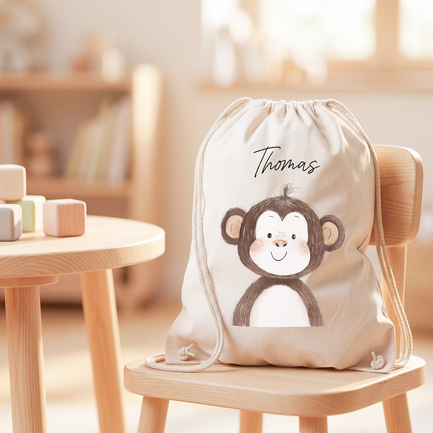 Affe Turnbeutel für Kinder personalisierter Sportbeutel für den Kindergarten Stoffbeutel mit Kordelzug