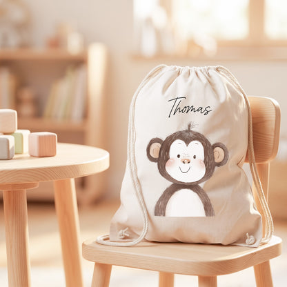 Affe Turnbeutel für Kinder personalisierter Sportbeutel für den Kindergarten Stoffbeutel mit Kordelzug