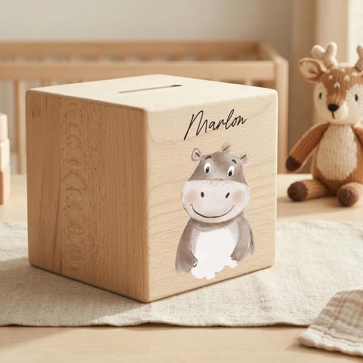 Spardose für Kinder Nilpferd personalisiert Safari Tiere Sparbox aus Holz Sparschwein mit Schlüssel Taufgeschenk für Jungen & Mädchen