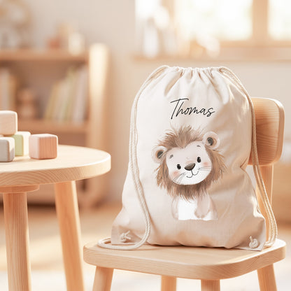 Löwe Turnbeutel für Kinder personalisierter Sportbeutel für den Kindergarten Stoffbeutel mit Kordelzug