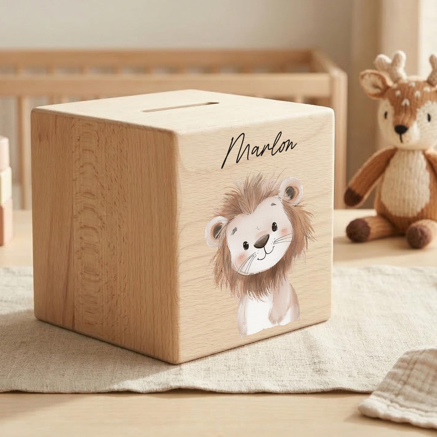 Spardose für Kinder Löwe personalisiert Safari Tiere Sparbox aus Holz Sparschwein mit Schlüssel Taufgeschenk für Jungen & Mädchen