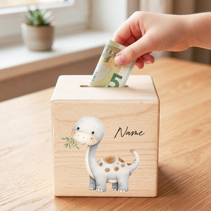 Spardose Dino für Jungen personalisierte Sparbox aus Holz Sparschwein für Kinder V3