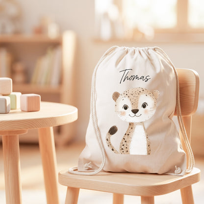 Leopard Turnbeutel für Kinder personalisierter Sportbeutel für den Kindergarten Stoffbeutel mit Kordelzug