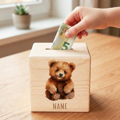 Bär Spardose für Kinder personalisiert Sparbox aus Holz Sparschwein mit Schlüssel Taufgeschenk für Jungen und Mädchen