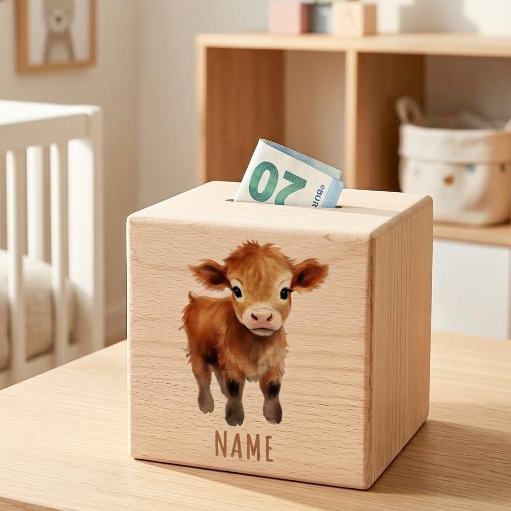 Kuh Spardose für Kinder personalisiert Sparbox aus Holz Sparschwein mit Schlüssel Taufgeschenk für Jungen und Mädchen