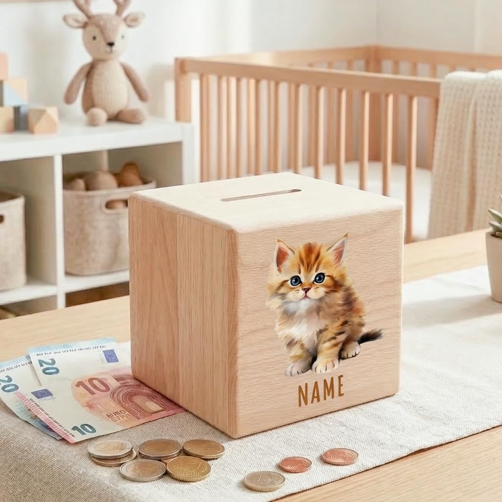 Katze Spardose für Kinder personalisiert Sparbox aus Holz Sparschwein mit Schlüssel Taufgeschenk für Jungen und Mädchen