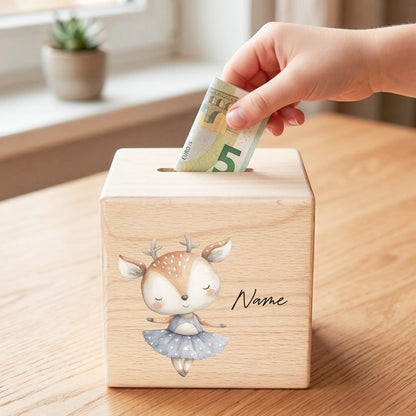 Spardose für Mädchen personalisierte Sparbox aus Holz mit REH Geldgeschenk für Kinder