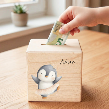 Spardose für Mädchen personalisierte Sparbox aus Holz mit Pinguin Geldgeschenk für Kinder
