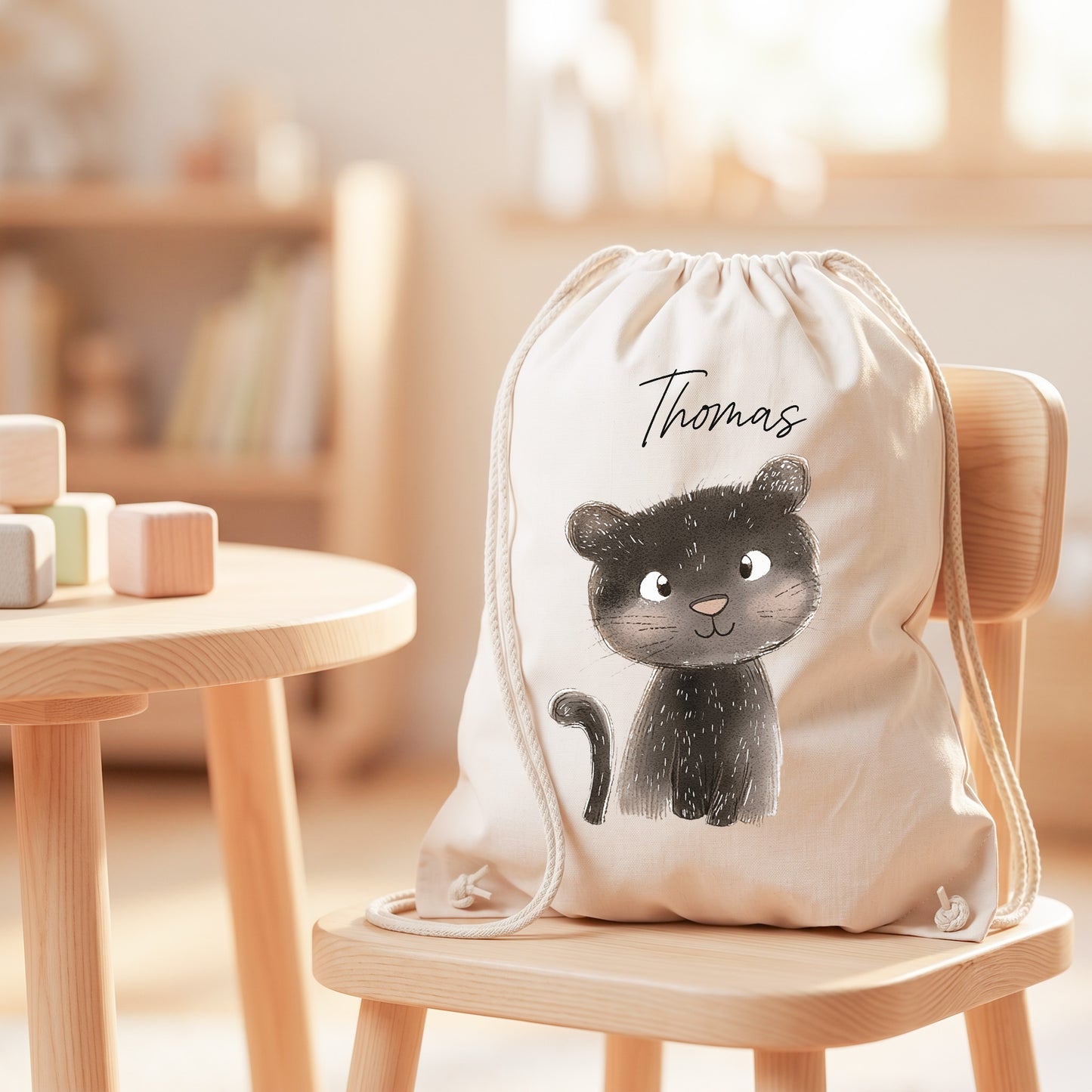 Panter Turnbeutel für Kinder personalisierter Sportbeutel für den Kindergarten Stoffbeutel mit Kordelzug