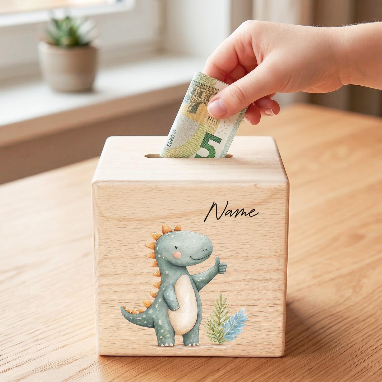 Spardose Dino für Jungen personalisierte Sparbox aus Holz Sparschwein für Kinder V2