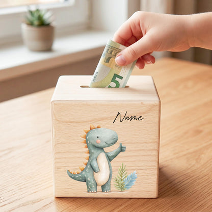 Spardose Dino für Jungen personalisierte Sparbox aus Holz Sparschwein für Kinder V2