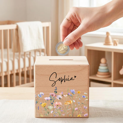 Geldgeschenk zur Geburt für Mädchen personalisierte Spardose aus Holz Babygeschenk