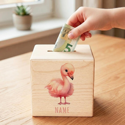 Flamingo Spardose für Kinder personalisiert Sparbox aus Holz Sparschwein mit Schlüssel Taufgeschenk für Jungen und Mädchen