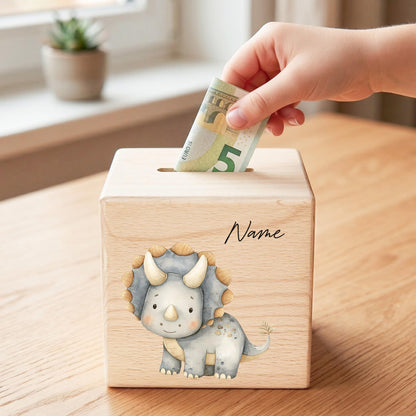 Spardose Dino für Jungen personalisierte Sparbox aus Holz Sparschwein für Kinder V8