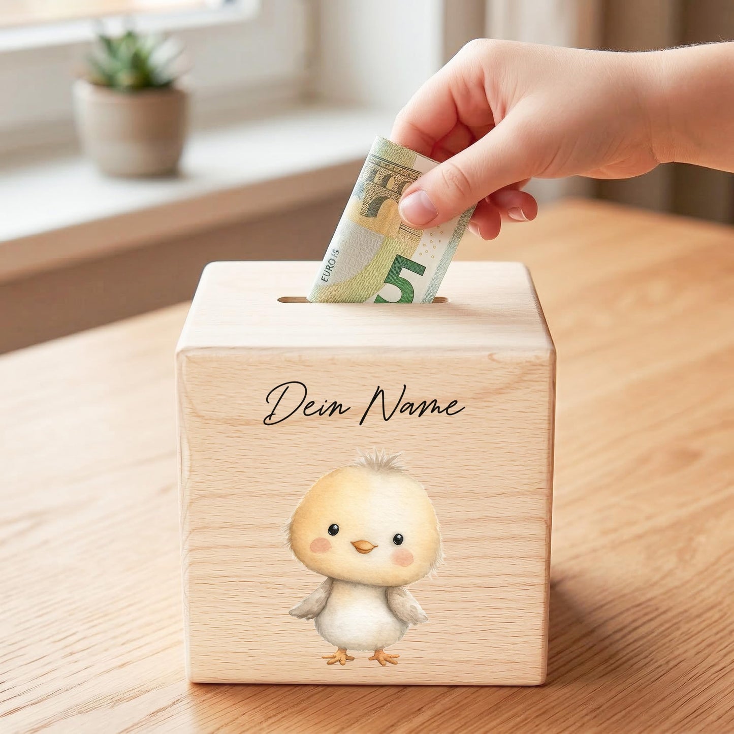 Küken Spardose für Kinder aus Holz personalisierte Sparbox Holzspardose mit Schlüssel als Geldgeschenk