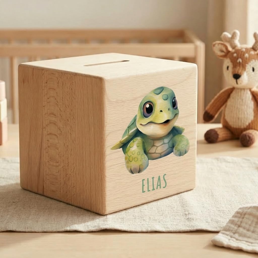 Schildkröte Spardose für Kinder personalisiert Sparbox aus Holz Sparschwein mit Schlüssel Taufgeschenk für Jungen und Mädchen