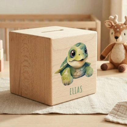 Schildkröte Spardose für Kinder personalisiert Sparbox aus Holz Sparschwein mit Schlüssel Taufgeschenk für Jungen und Mädchen