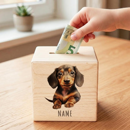 Tier Spardose für Kinder personalisiert Sparbox aus Holz Sparschwein mit Schlüssel Taufgeschenk für Jungen und Mädchen (Dackel)