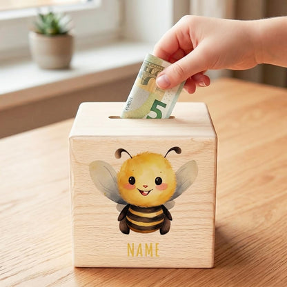 Biene Spardose für Kinder personalisiert Sparbox aus Holz Sparschwein mit Schlüssel Taufgeschenk für Jungen und Mädchen