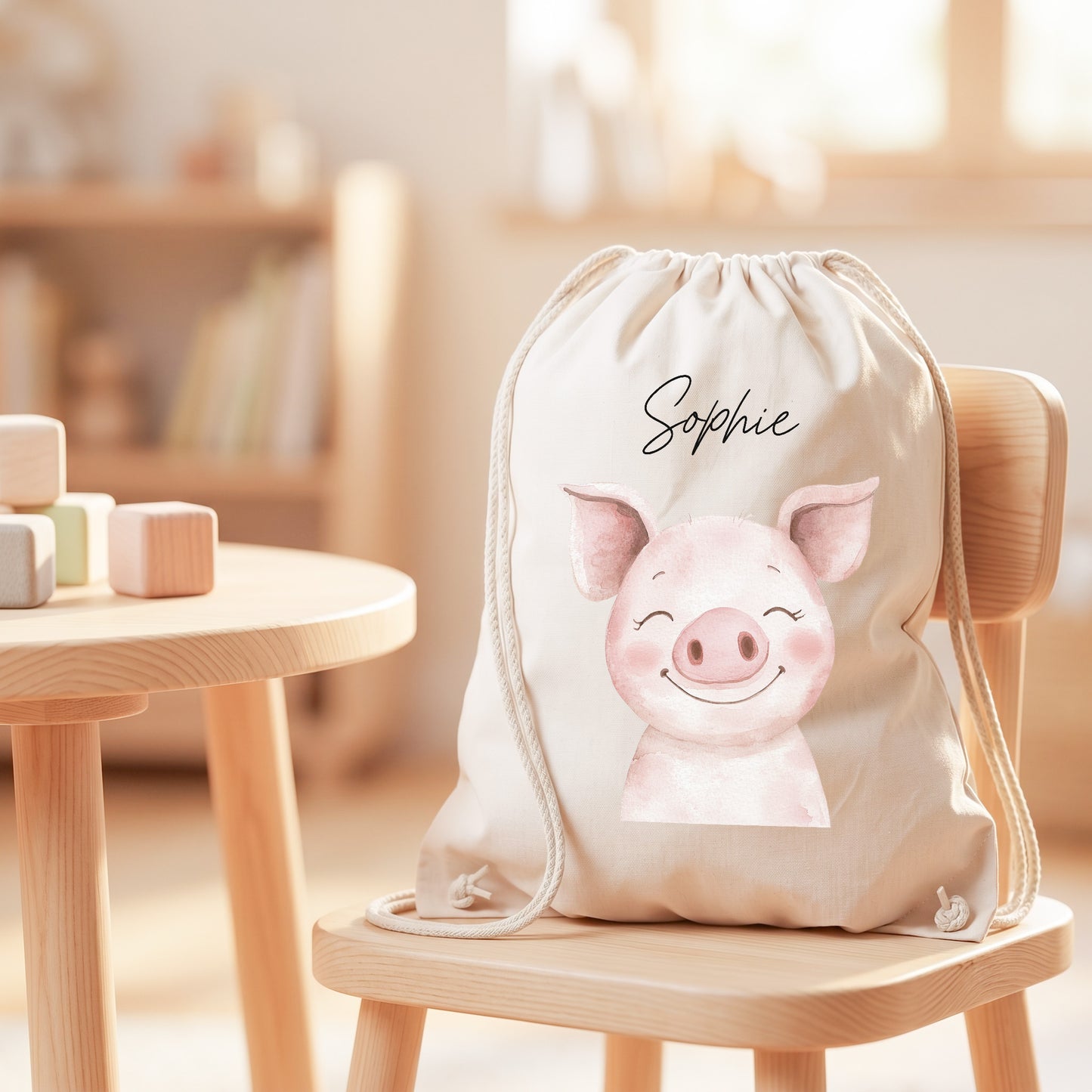 Schwein Turnbeutel Kinder personalisierter Sportbeutel für Kindergarten & Kita Stoffbeutel mit Kordelzug