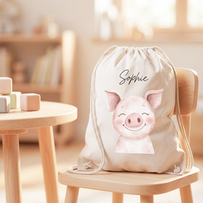 Schwein Turnbeutel Kinder personalisierter Sportbeutel für Kindergarten & Kita Stoffbeutel mit Kordelzug