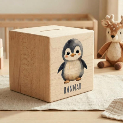 Pinguin Spardose für Kinder personalisiert Sparbox aus Holz Sparschwein mit Schlüssel Taufgeschenk für Jungen und Mädchen