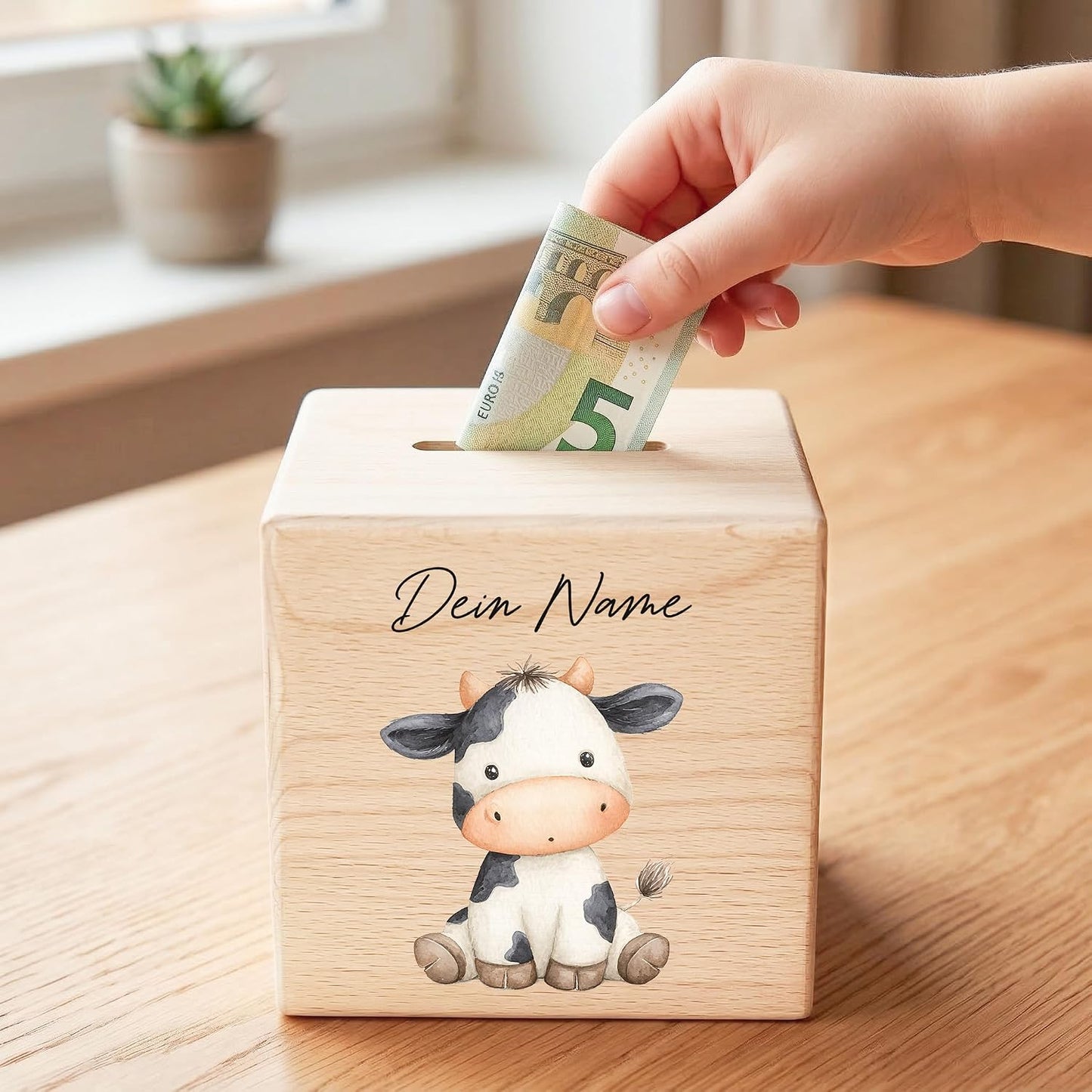 Kuh Spardose für Kinder aus Holz personalisierte Sparbox Holzspardose mit Schlüssel als Geldgeschenk
