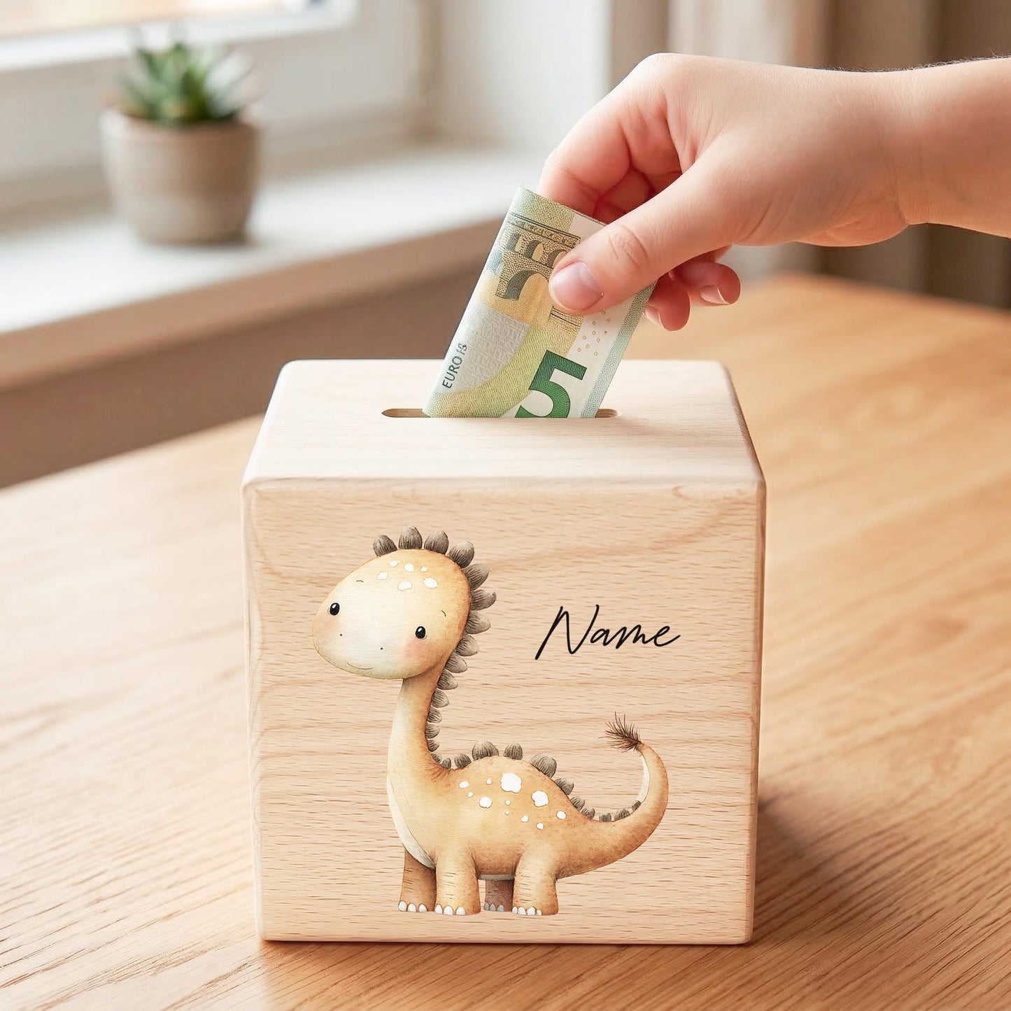 Spardose Dino für Jungen personalisierte Sparbox aus Holz Sparschwein für Kinder V1