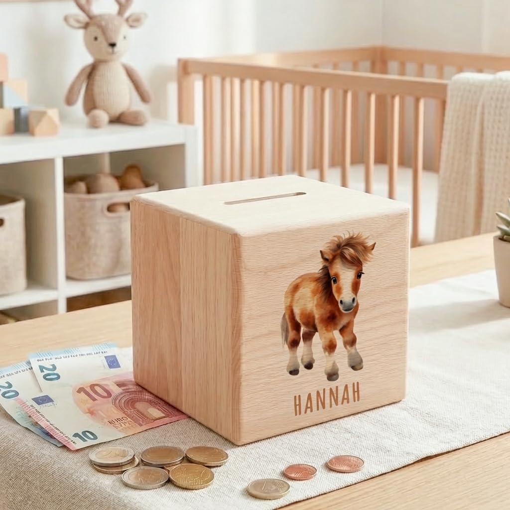 Pferde Spardose für Kinder personalisiert Sparbox aus Holz Sparschwein mit Schlüssel Taufgeschenk für Jungen und Mädchen