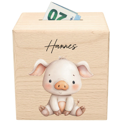 Schwein Spardose für Kinder aus Holz personalisierte Sparbox Holzspardose mit Schlüssel als Geldgeschenk