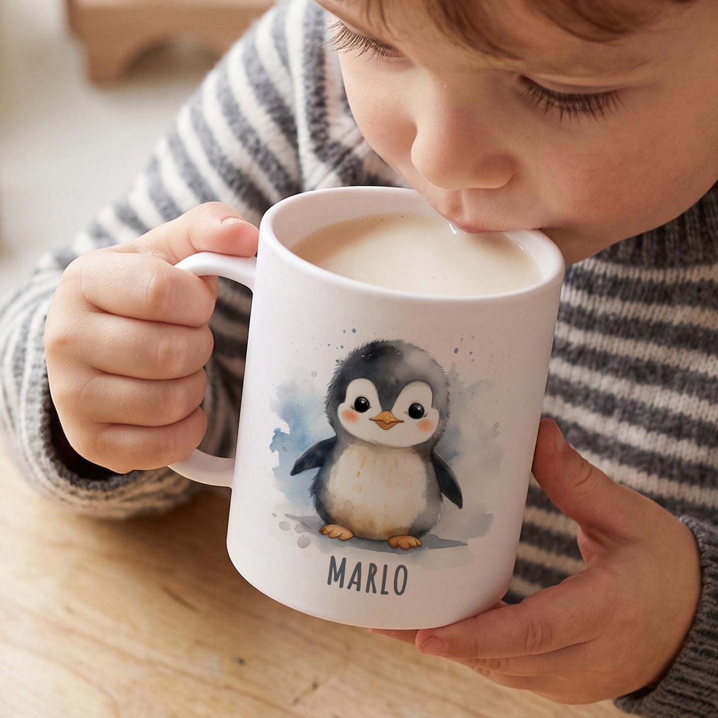 Bruchsichere Kindertasse leichte Kunststoff Tasse mit Henkel für Kindergarten, Pinguin
