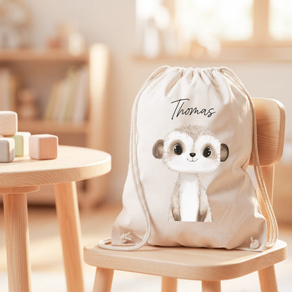 Erdmännchen Turnbeutel für Kinder personalisierter Sportbeutel für den Kindergarten Stoffbeutel mit Kordelzug
