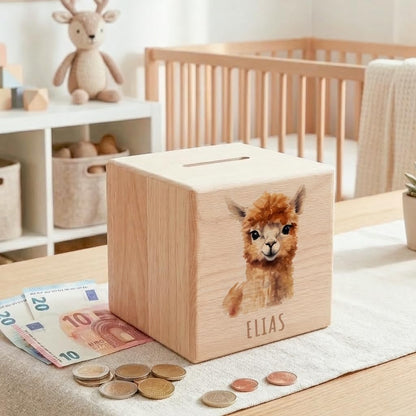 Alpaka Spardose für Kinder personalisiert Sparbox aus Holz Sparschwein mit Schlüssel Taufgeschenk für Jungen und Mädchen