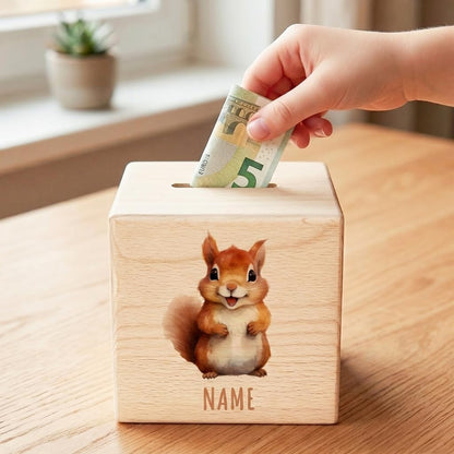 Eichhörnchen Spardose für Kinder personalisiert Sparbox aus Holz Sparschwein mit Schlüssel Taufgeschenk für Jungen und Mädchen