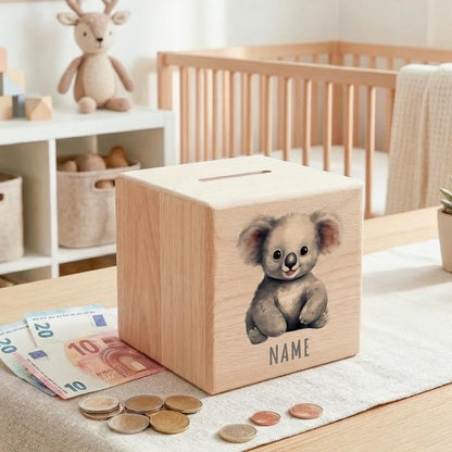 Koala Spardose für Kinder personalisiert Sparbox aus Holz Sparschwein mit Schlüssel Taufgeschenk für Jungen und Mädchen