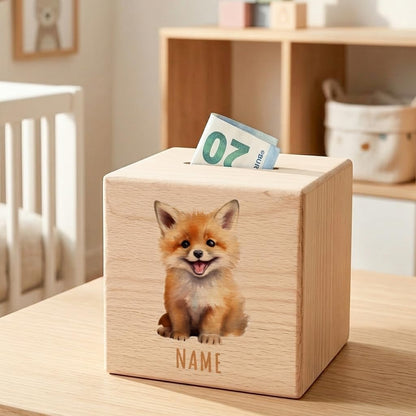 Fuchs Spardose für Kinder personalisiert Sparbox aus Holz Sparschwein mit Schlüssel Taufgeschenk für Jungen und Mädchen