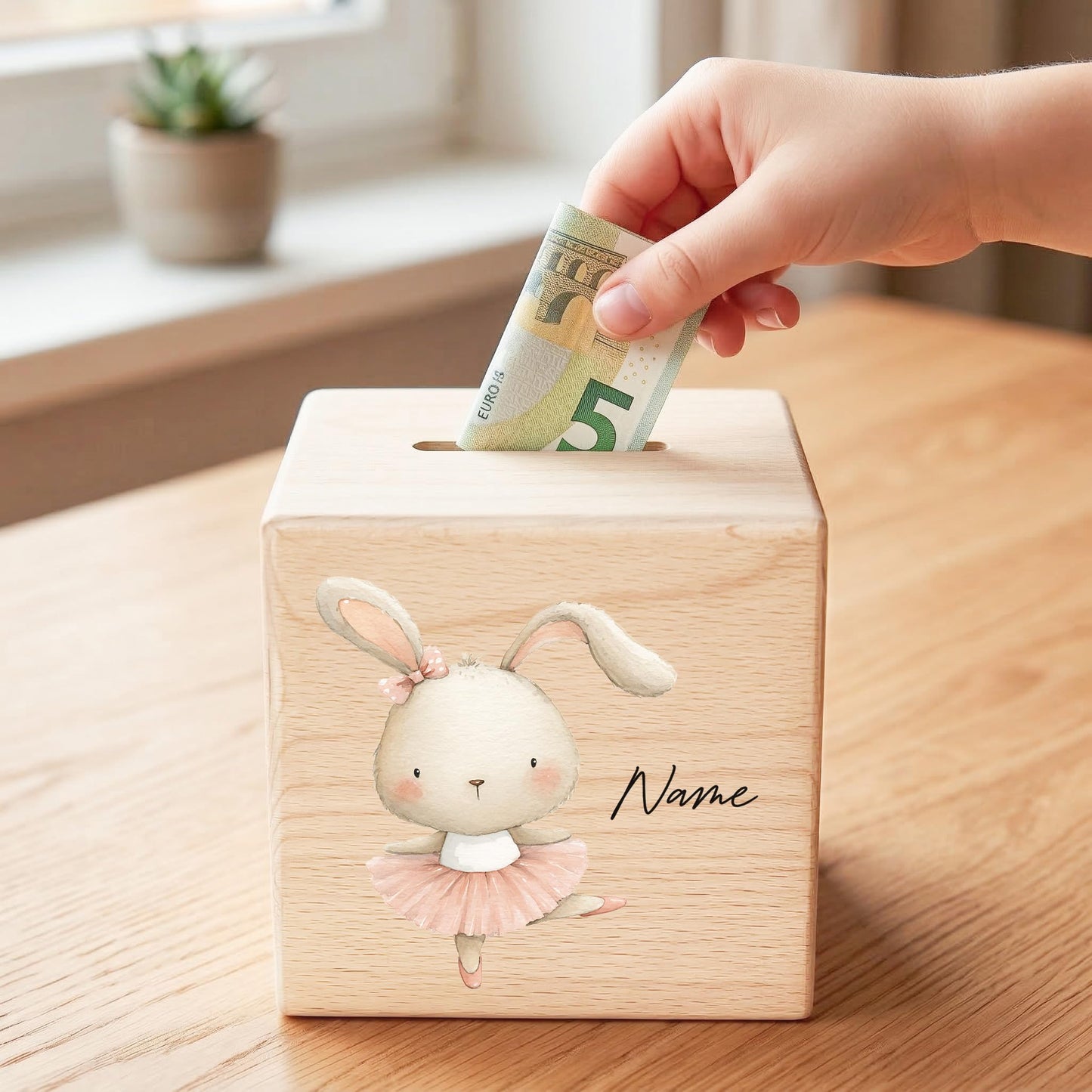 Spardose für Mädchen personalisierte Sparbox aus Holz mit Hase Geldgeschenk für Kinder