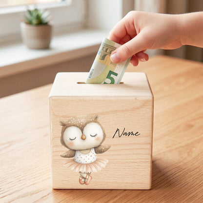 Spardose für Mädchen personalisierte Sparbox aus Holz mit Eule Geldgeschenk für Kinder