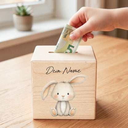 Hase Spardose für Kinder aus Holz personalisierte Sparbox Holzspardose mit Schlüssel als Geldgeschenk