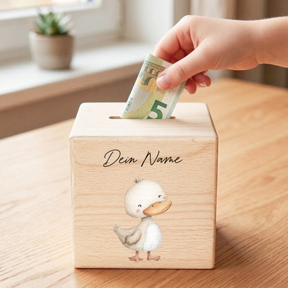 Ente Spardose für Kinder aus Holz personalisierte Sparbox Holzspardose mit Schlüssel als Geldgeschenk