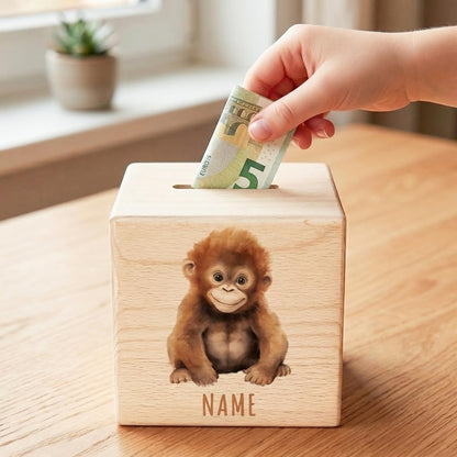 Affe Spardose für Kinder personalisiert Sparbox aus Holz Sparschwein mit Schlüssel Taufgeschenk für Jungen und Mädchen