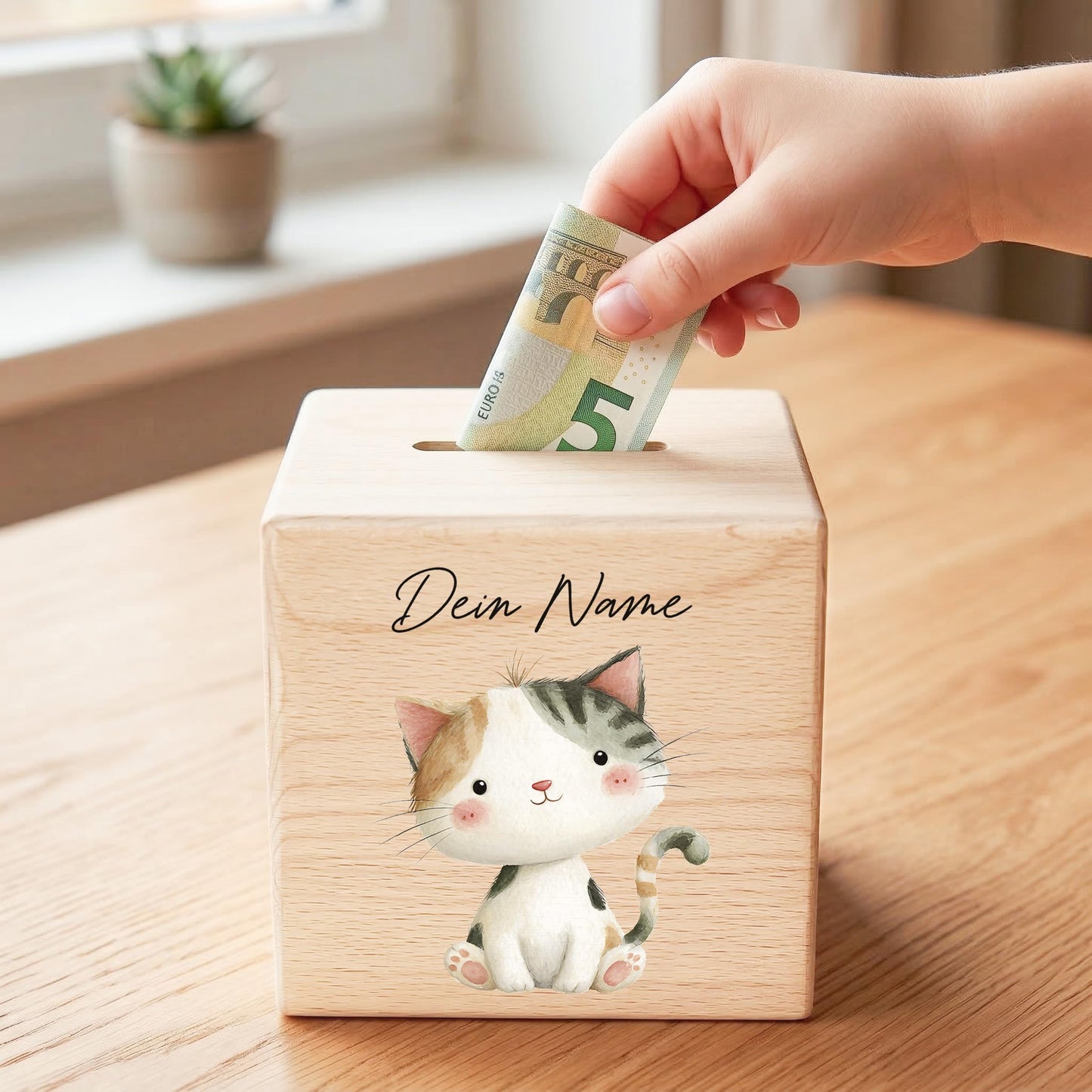 Katze Spardose für Kinder aus Holz personalisierte Sparbox Holzspardose mit Schlüssel als Geldgeschenk