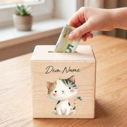 Katze Spardose für Kinder aus Holz personalisierte Sparbox Holzspardose mit Schlüssel als Geldgeschenk