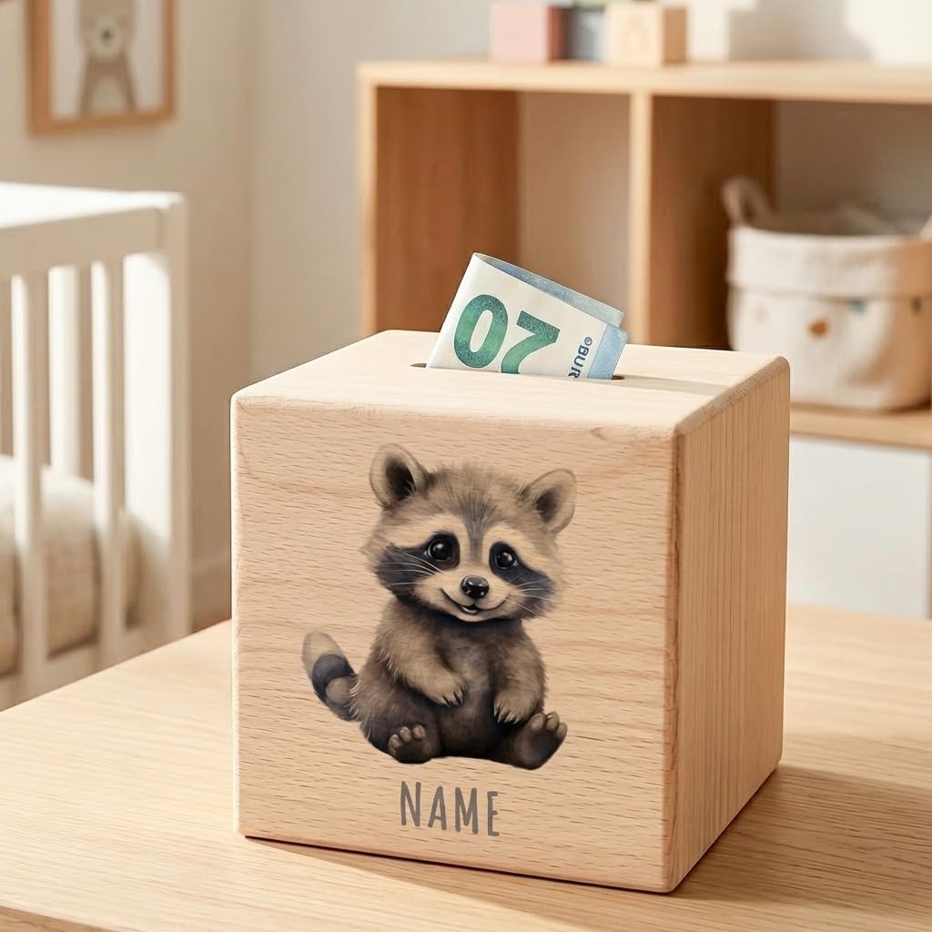 Waschbär Spardose für Kinder personalisiert Sparbox aus Holz Sparschwein mit Schlüssel Taufgeschenk für Jungen und Mädchen
