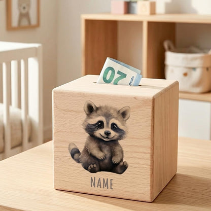 Waschbär Spardose für Kinder personalisiert Sparbox aus Holz Sparschwein mit Schlüssel Taufgeschenk für Jungen und Mädchen